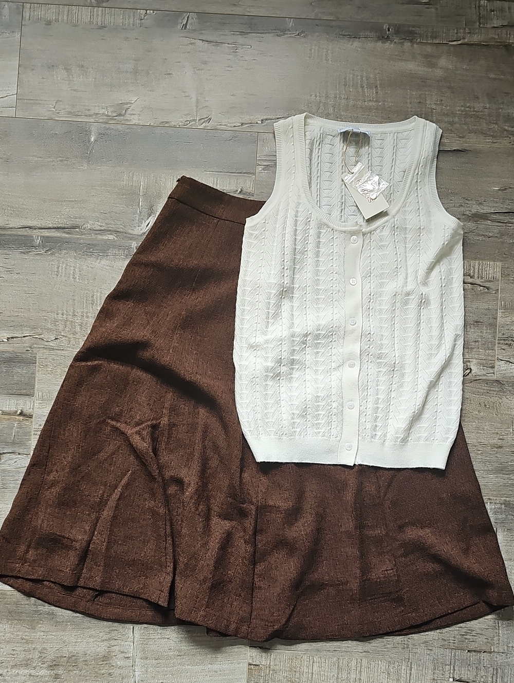 RIHOAS Lot x2 - Cream Button-Front Knit Tank Top + Brown Midi Skirt -Size S BNWT